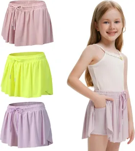 3 Pack Girls Flowy Shorts with Spandex Liner 2 in 1 Youth Junior Butterfly Skirts for Fitness Running Sports
