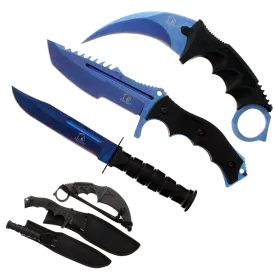 3 PCS Blue Set. 7 1/2" & 8 1/2" Tacital Knife, 7 1/2" Karambit ,