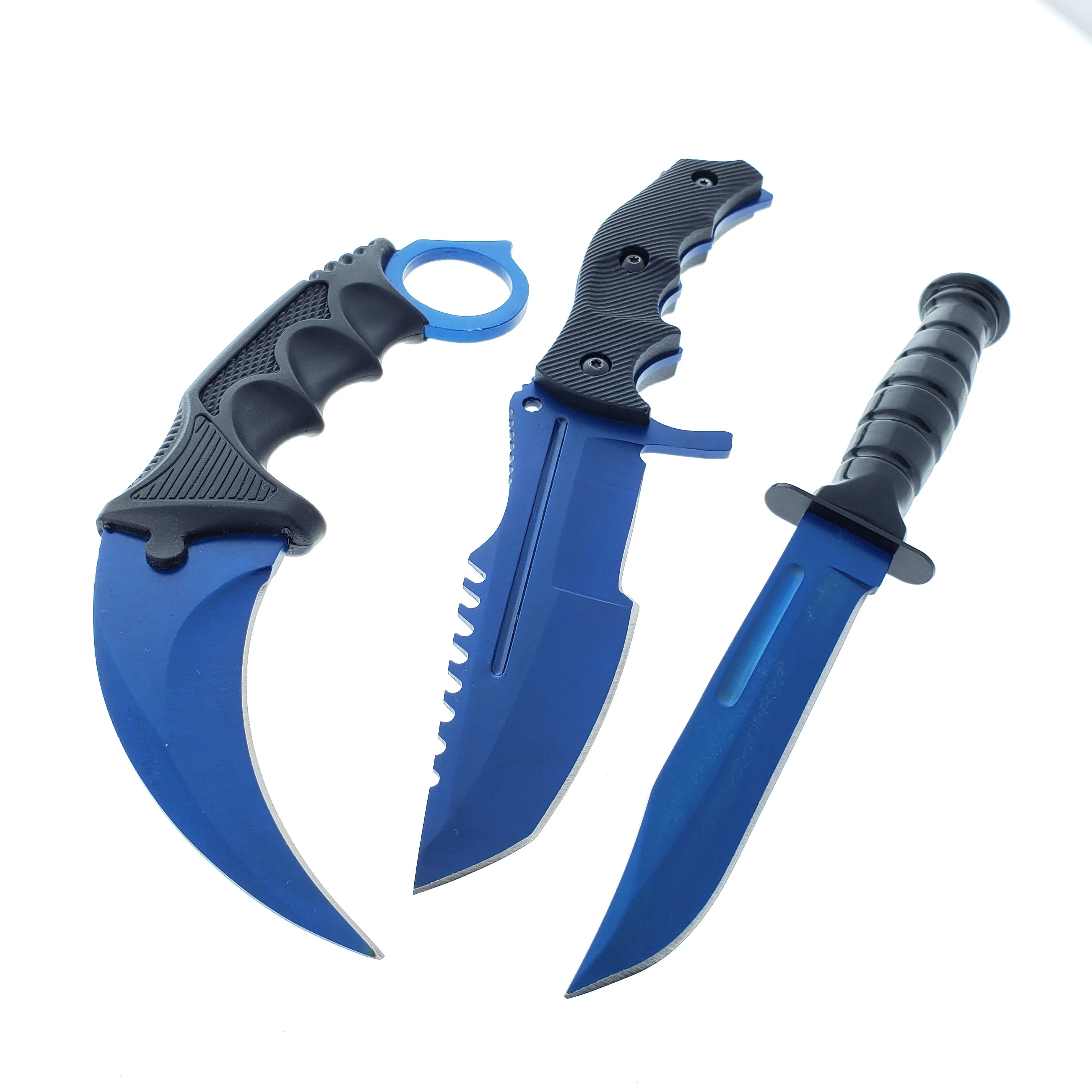 3 PCS Blue Set. 7 1/2" & 8 1/2" Tacital Knife, 7 1/2" Karambit ,