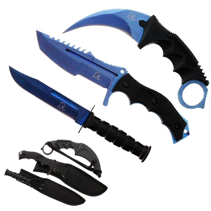 3 PCS Blue Set. 7 1/2" & 8 1/2" Tacital Knife, 7 1/2" Karambit ,