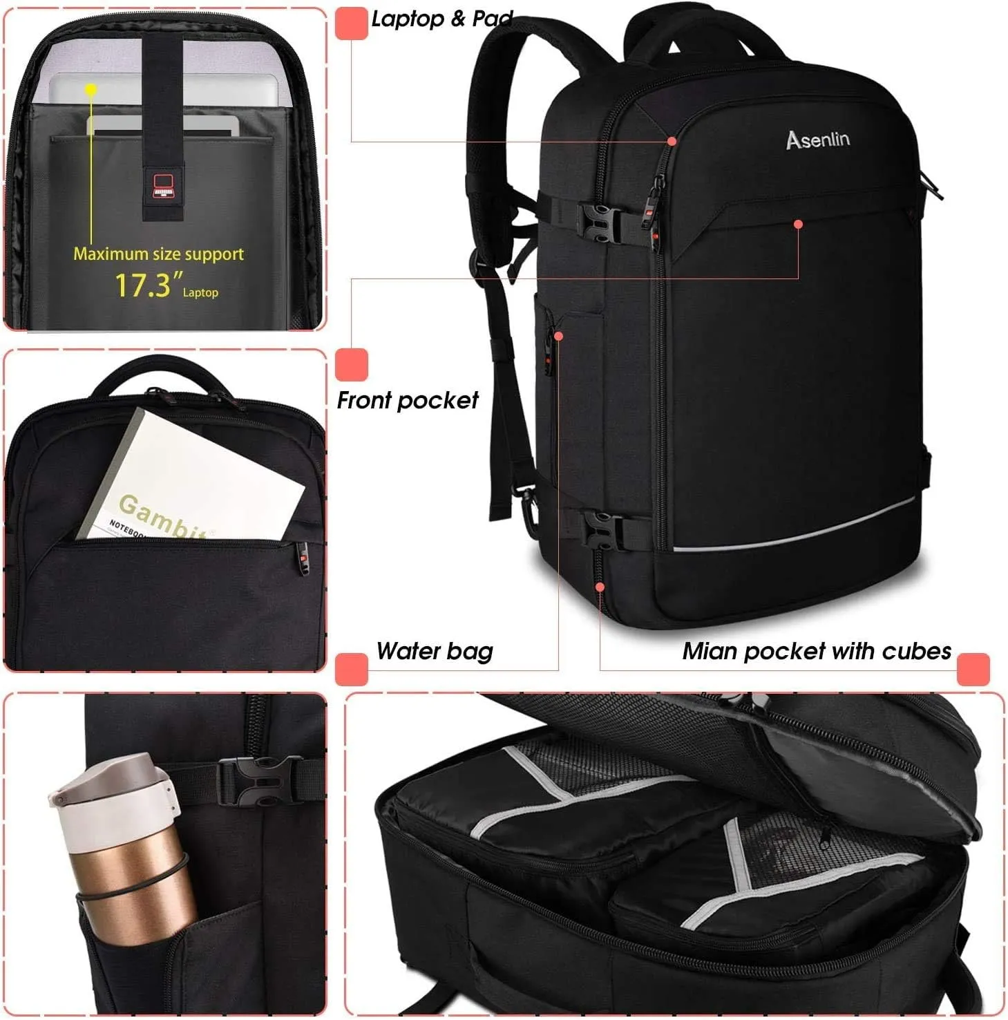 Asenlin 40L Travel Backpack for Women Men17 Inch Laptop Backpack Flight Approved Luggage Carry On Water Resistant Computer Backpack for Weekender Overnight Large Daypack Black