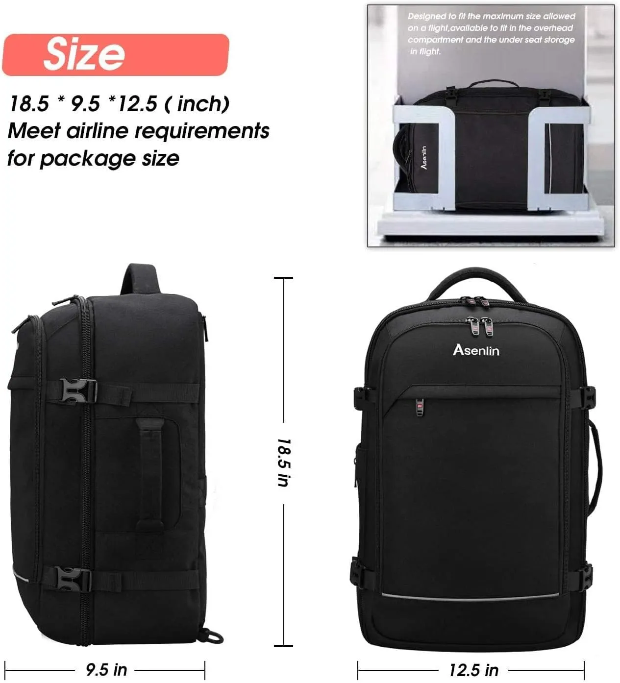 Asenlin 40L Travel Backpack for Women Men17 Inch Laptop Backpack Flight Approved Luggage Carry On Water Resistant Computer Backpack for Weekender Overnight Large Daypack Black