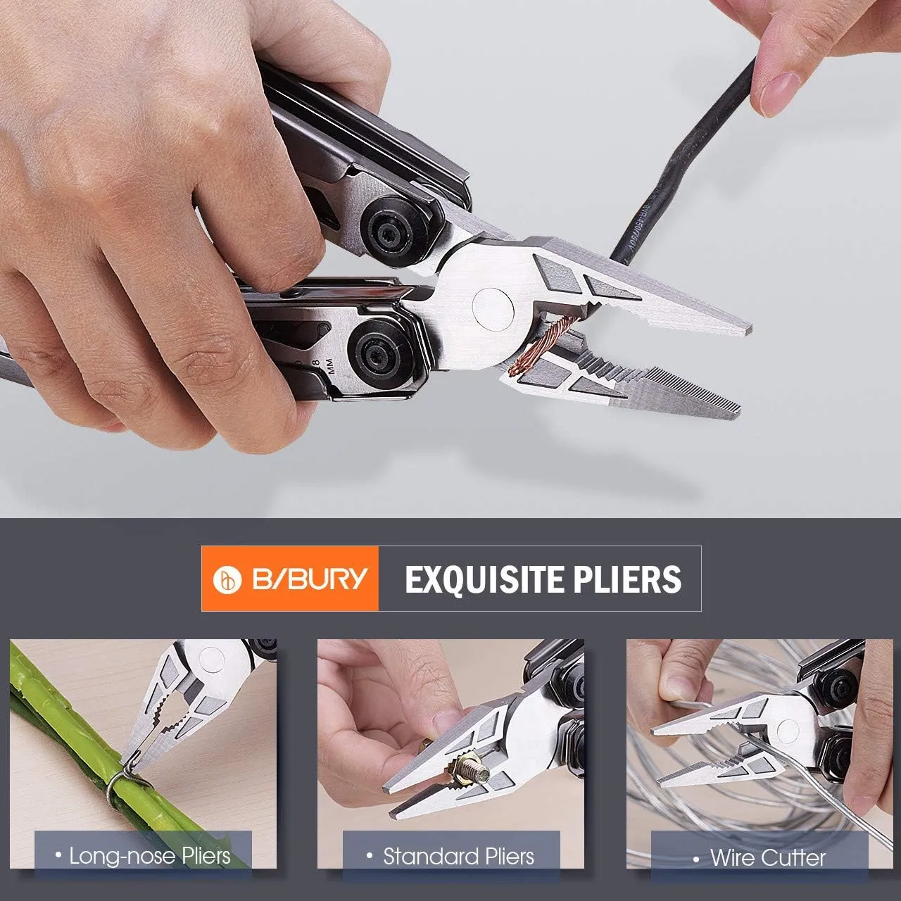 BIBURY Multitool Pliers, 18 in 1 Multi Tool with Titanium-Plated Handle & Safety Hammer, Safety Locking Design Stainless Steel Tool Pocket Knife for Outdoor, Survival, Camping, Hiking, Home Repair