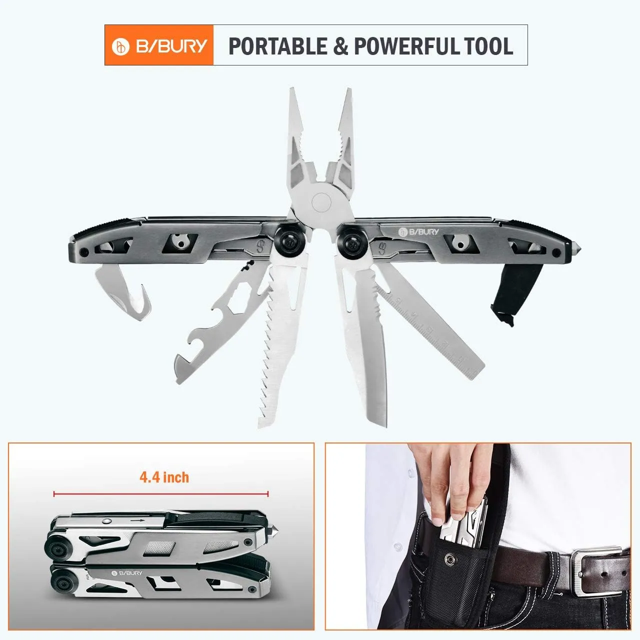 BIBURY Multitool Pliers, 18 in 1 Multi Tool with Titanium-Plated Handle & Safety Hammer, Safety Locking Design Stainless Steel Tool Pocket Knife for Outdoor, Survival, Camping, Hiking, Home Repair