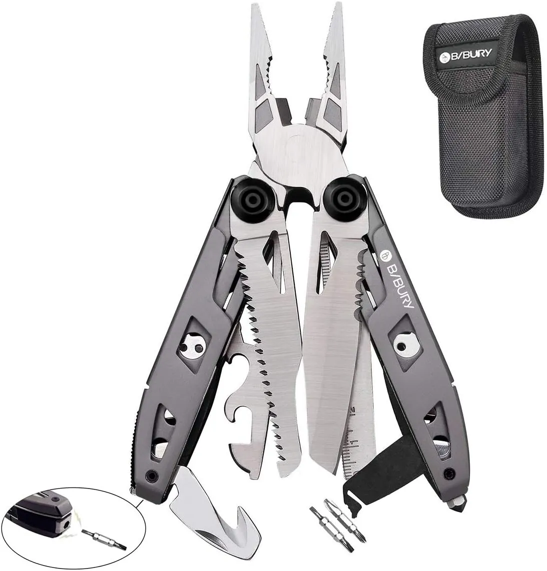 BIBURY Multitool Pliers, 18 in 1 Multi Tool with Titanium-Plated Handle & Safety Hammer, Safety Locking Design Stainless Steel Tool Pocket Knife for Outdoor, Survival, Camping, Hiking, Home Repair