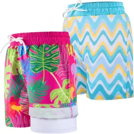BIG ELEPHANT 2 Packs Boys Swim Trunks with Compression Liner, UPF 50  Kids Bathing Suit, Quick Dry Swimming Shorts