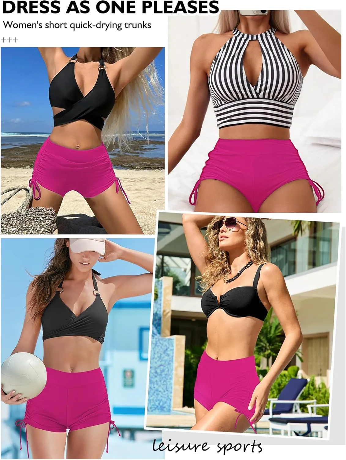 Buauty Women's Swim Shorts High Waisted Bathing Suit Bottoms Adjustable Side Tie Swimsuit Boy Short Pants Swimwear UPF50 