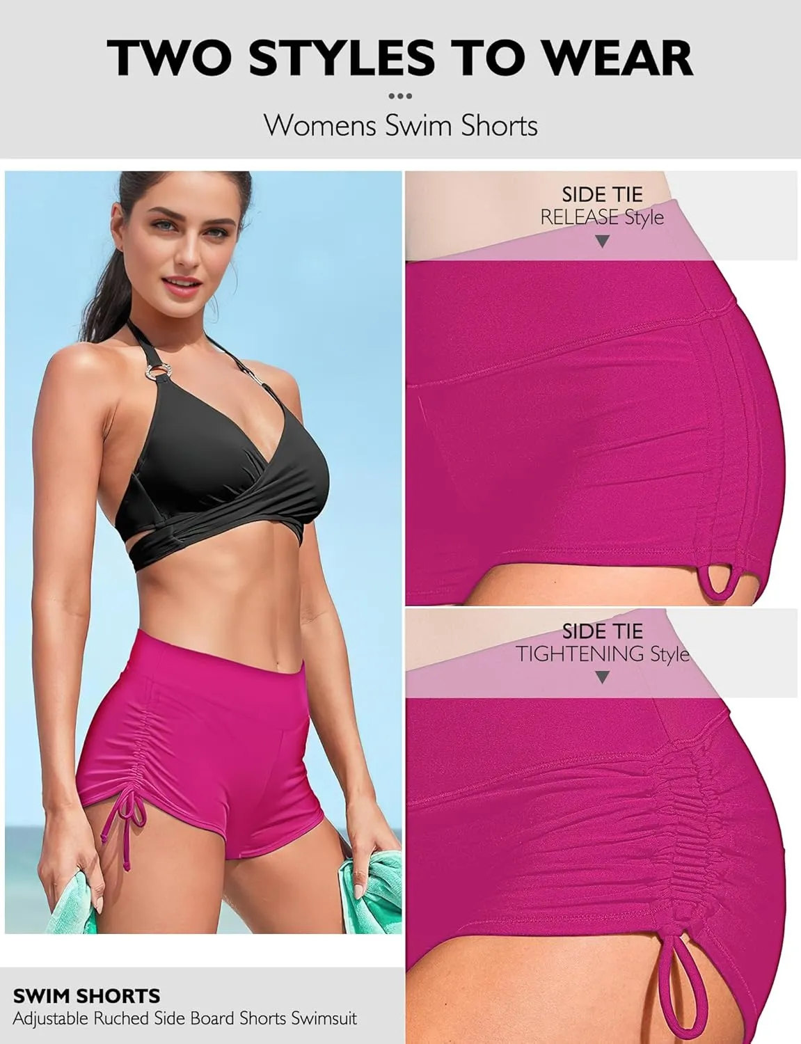 Buauty Women's Swim Shorts High Waisted Bathing Suit Bottoms Adjustable Side Tie Swimsuit Boy Short Pants Swimwear UPF50 