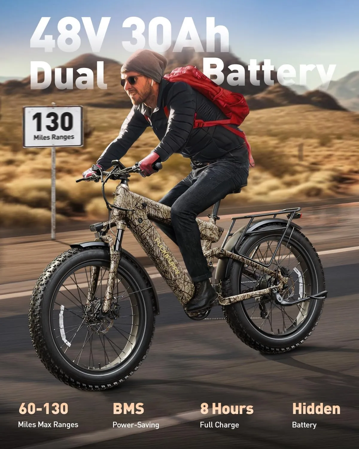 Bulldog Electric Bike for Adults 1350W, 48V 30AH Dual Battery Ebike, 130 Miles Long Range Full Suspension E bike, 26" Fat Tire Adult Electric Bicycles, 28MPH, Ideal for Urban and Off-road Riding