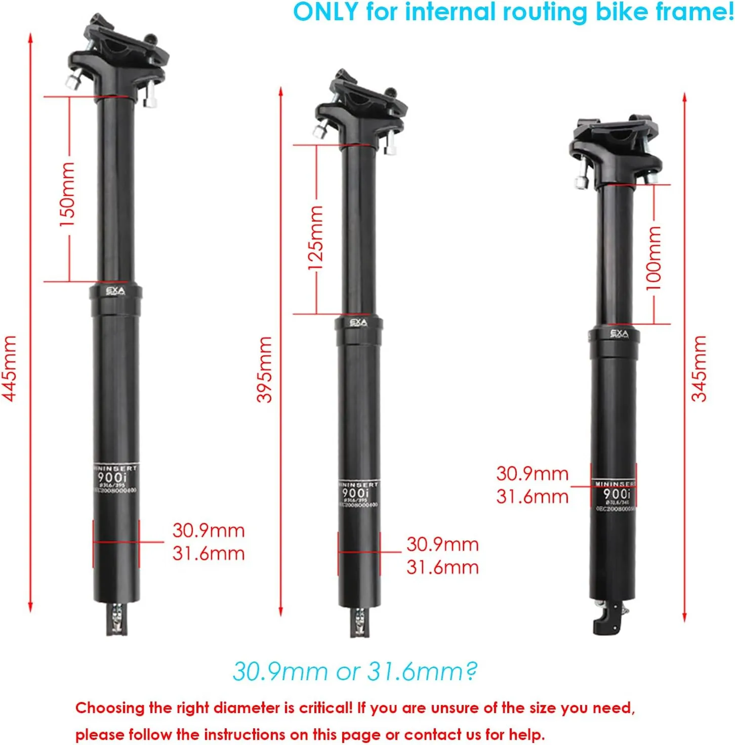 EXA Form 900i 30.9mm/31.6mm Dropper Post with Remote Lever and Cable Kit MTB/Ebike Internal Routing Dropper Seatpost for Mountain Bike(100mm/125mm/150mm Travel)