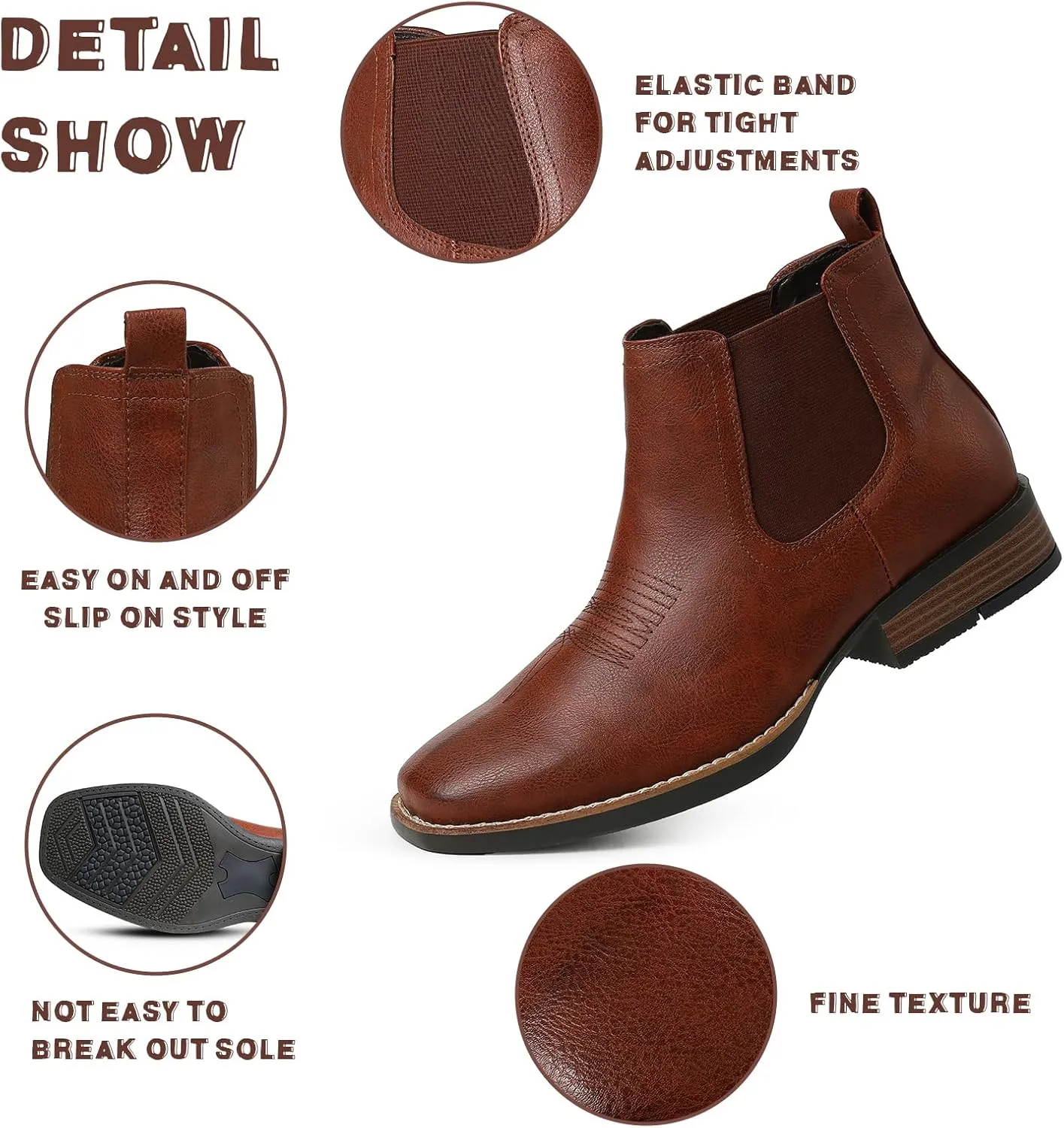 femflame Cowboy Boots for Men Square Toe Chelsea Boots Waterproof Classic Elastic Slip on Chukka Ankle Boots Casual