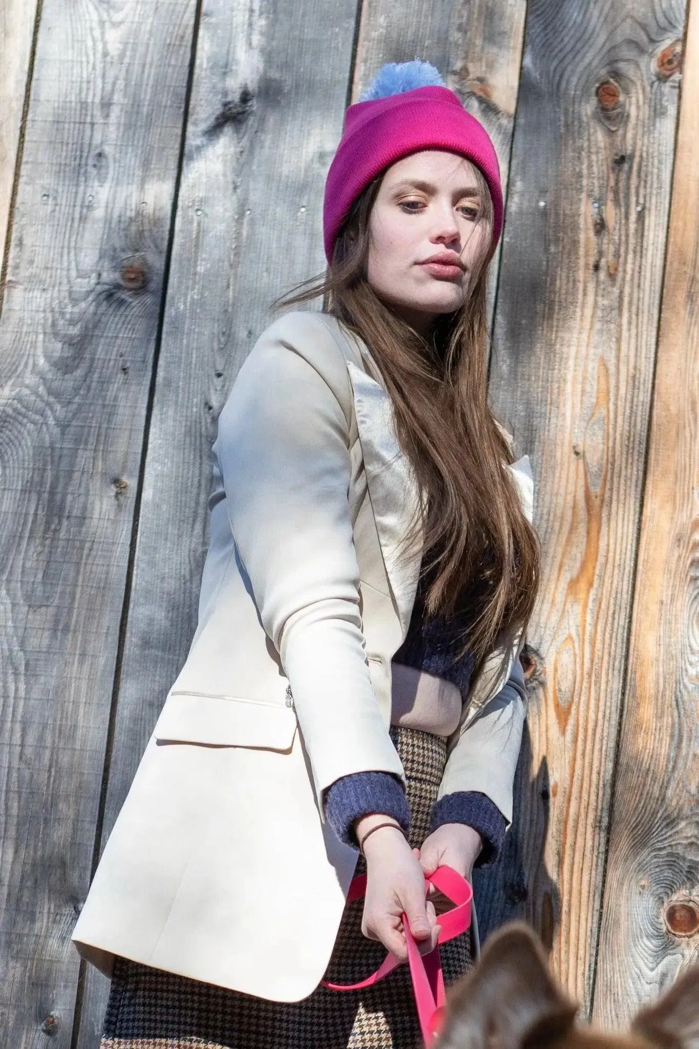 Fuchsia Winter Hat with Pom & Waterproof Leash Matching Set