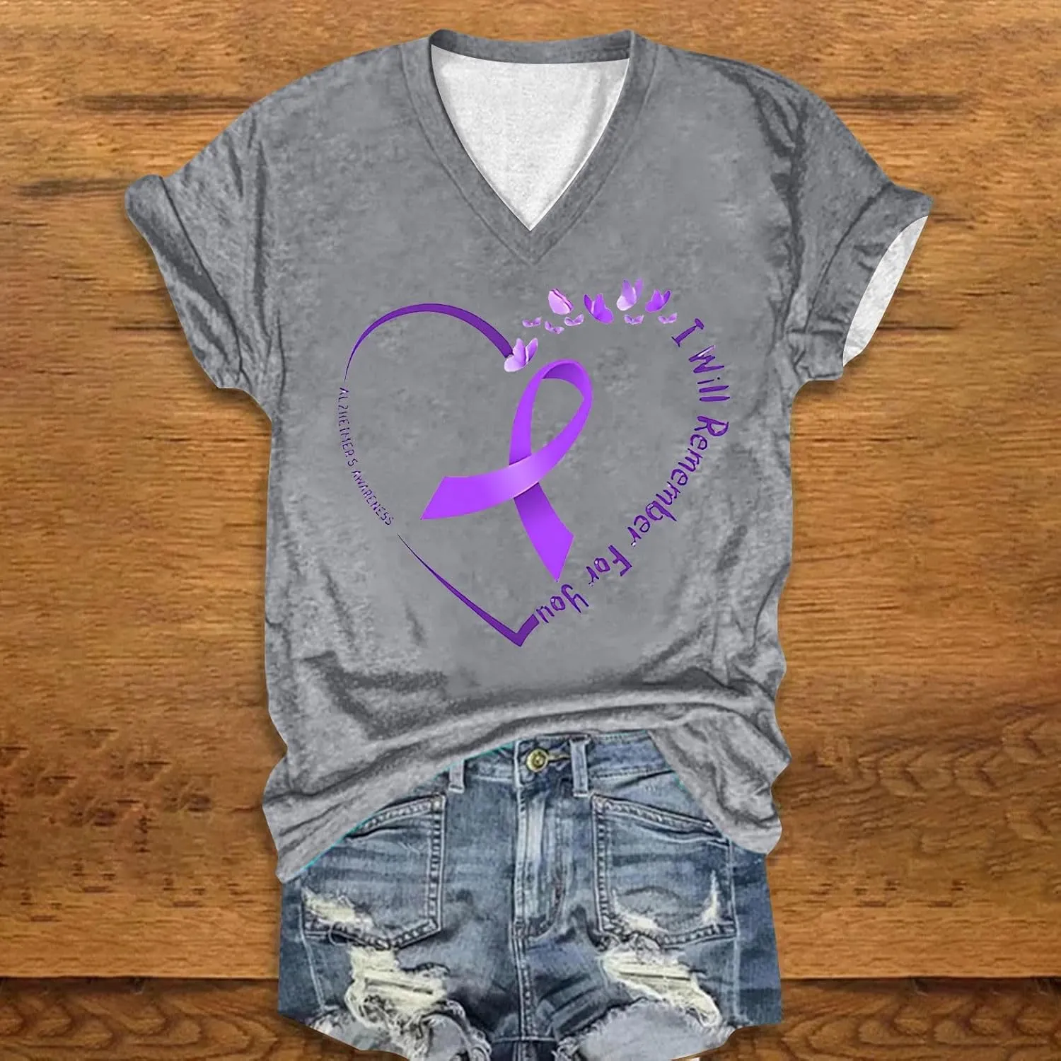 Heevina Alzheimers Awareness Shirts for Women I Will Remember for You Short Sleeve Shirt V Neck Floral Purple Tops