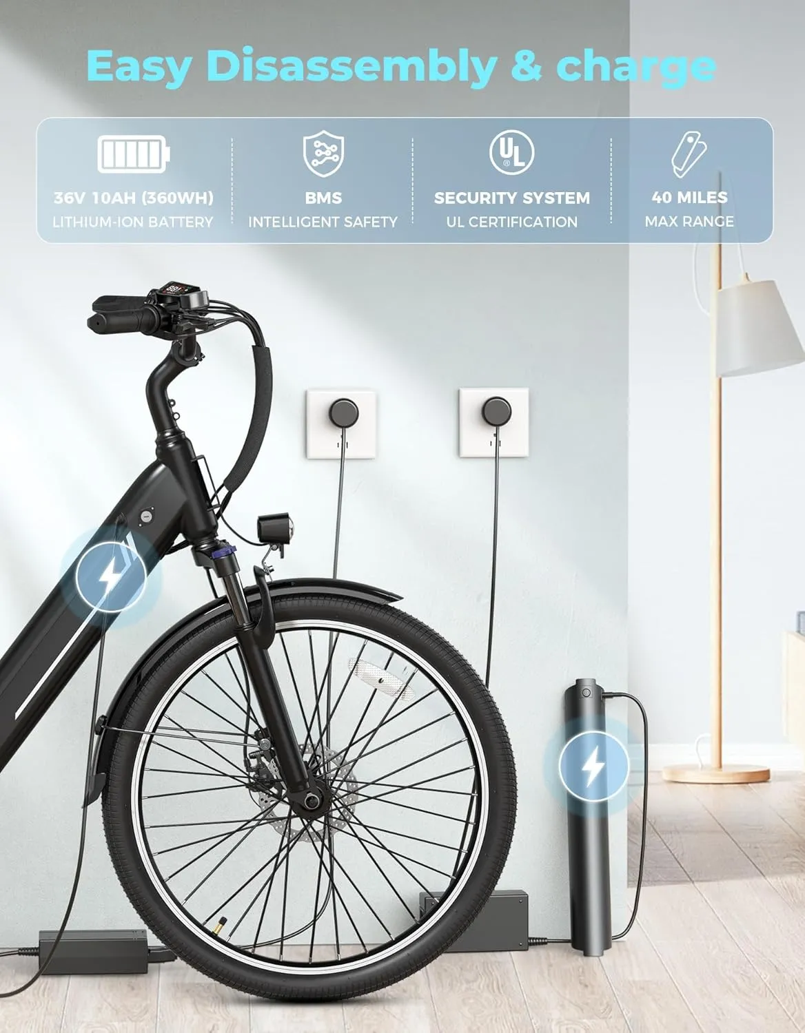 Jasion YC1/ST 26" Electric Bike, 750W Peak Motor, Step-Through Ebike for Adults, 360WH Removable Battery, Up to 40miles, Max 23MPH Urban Commuter E-Bike, 7 Speeds & Front Suspension