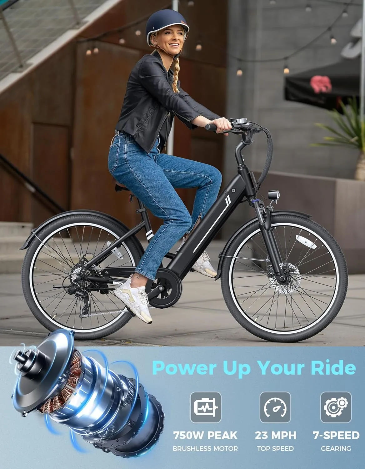 Jasion YC1/ST 26" Electric Bike, 750W Peak Motor, Step-Through Ebike for Adults, 360WH Removable Battery, Up to 40miles, Max 23MPH Urban Commuter E-Bike, 7 Speeds & Front Suspension