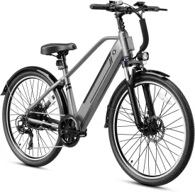 Jasion YC1/ST 26" Electric Bike, 750W Peak Motor, Step-Through Ebike for Adults, 360WH Removable Battery, Up to 40miles, Max 23MPH Urban Commuter E-Bike, 7 Speeds & Front Suspension