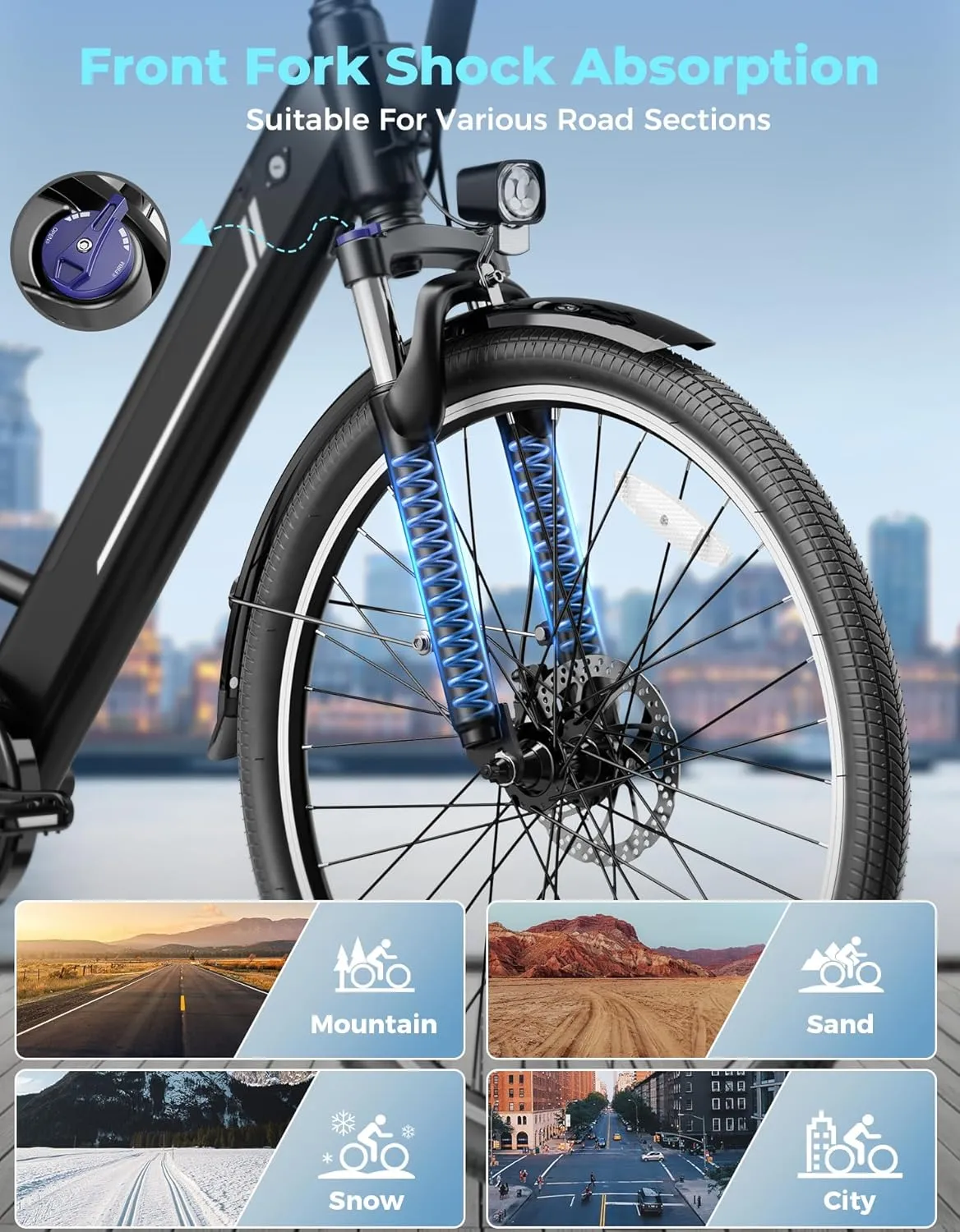 Jasion YC1/ST 26" Electric Bike, 750W Peak Motor, Step-Through Ebike for Adults, 360WH Removable Battery, Up to 40miles, Max 23MPH Urban Commuter E-Bike, 7 Speeds & Front Suspension