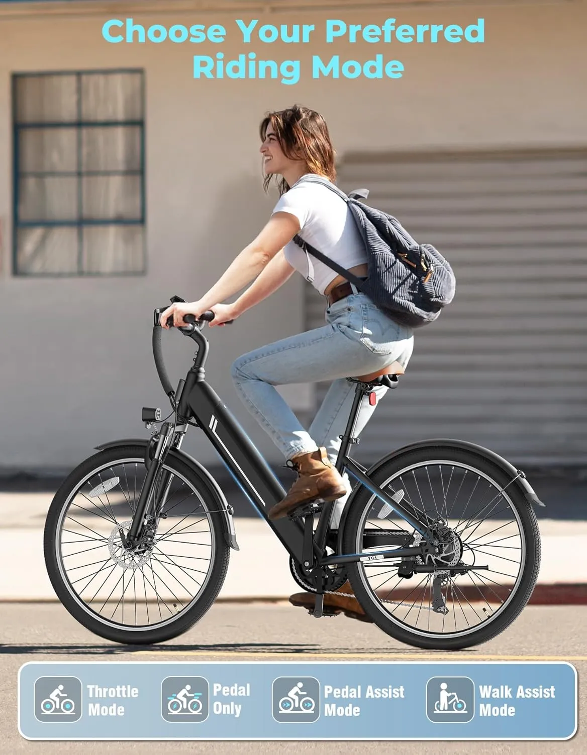 Jasion YC1/ST 26" Electric Bike, 750W Peak Motor, Step-Through Ebike for Adults, 360WH Removable Battery, Up to 40miles, Max 23MPH Urban Commuter E-Bike, 7 Speeds & Front Suspension