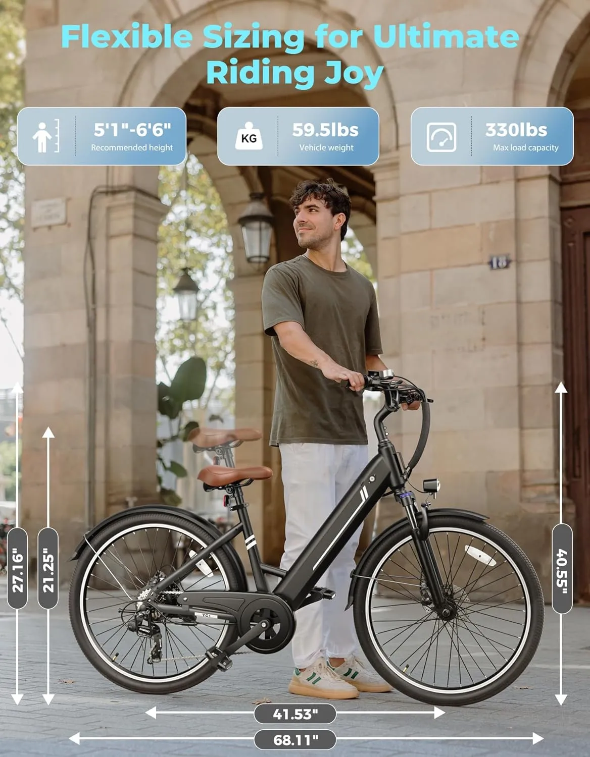 Jasion YC1/ST 26" Electric Bike, 750W Peak Motor, Step-Through Ebike for Adults, 360WH Removable Battery, Up to 40miles, Max 23MPH Urban Commuter E-Bike, 7 Speeds & Front Suspension