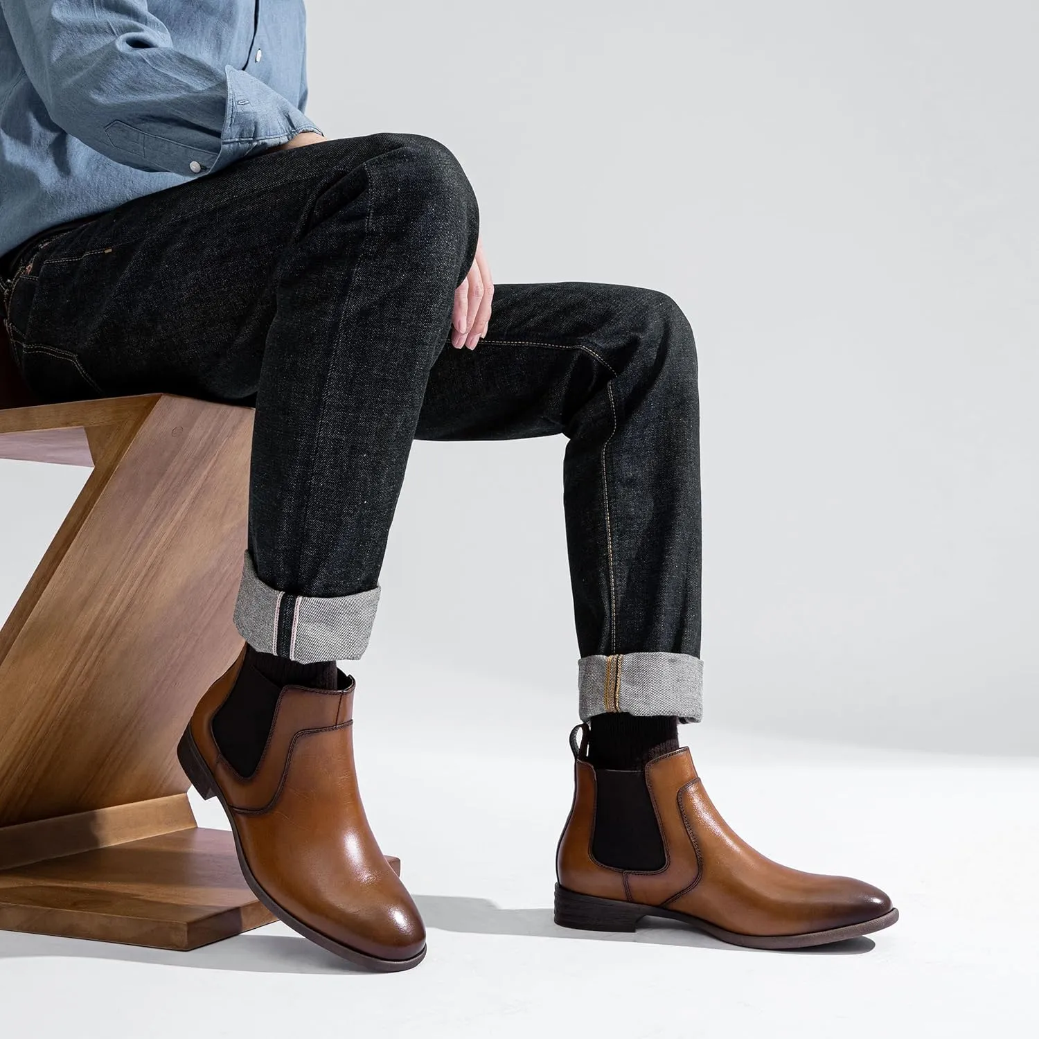 Jousen Men's Chelsea Boots Leather Lightweight Casual Chukka Ankle Boots Classic Elastic Dress Boots for Men