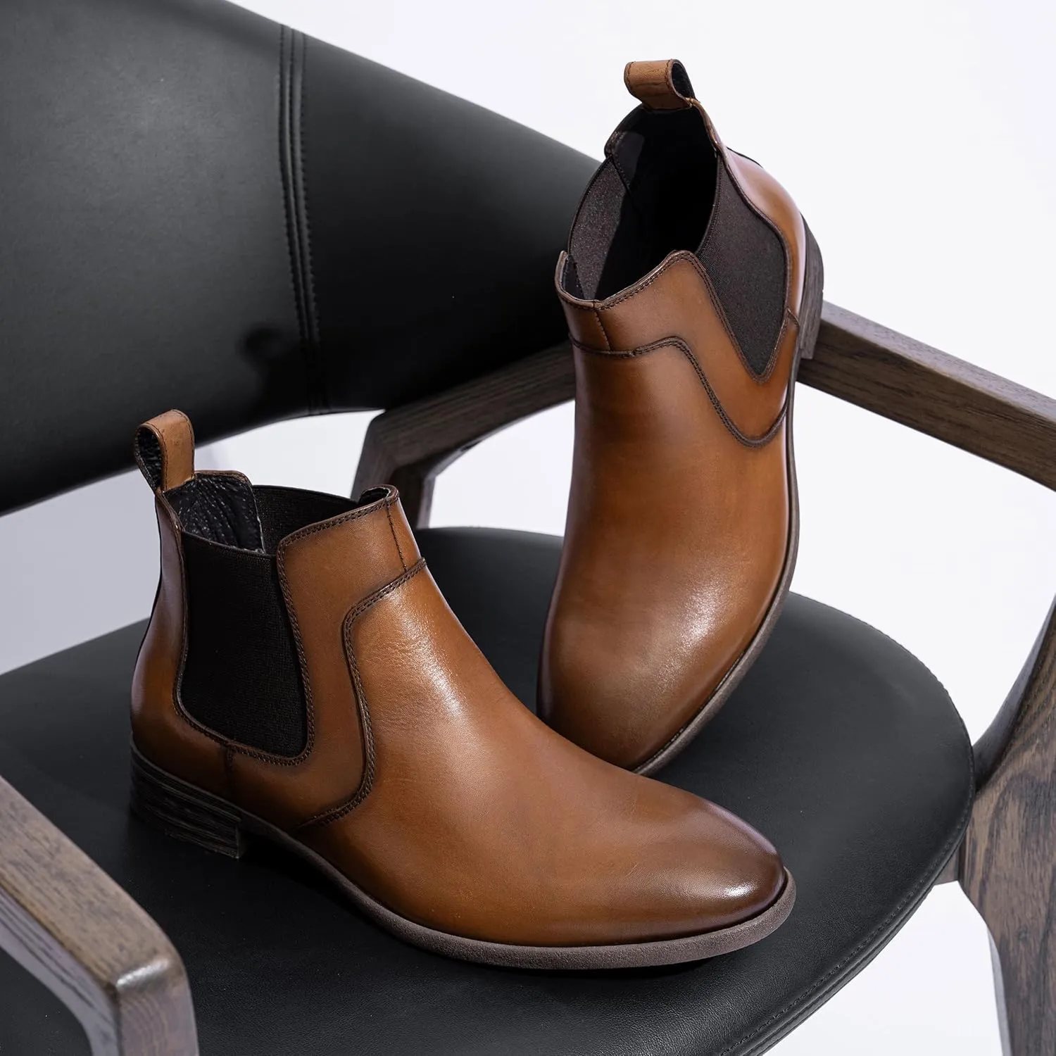 Jousen Men's Chelsea Boots Leather Lightweight Casual Chukka Ankle Boots Classic Elastic Dress Boots for Men