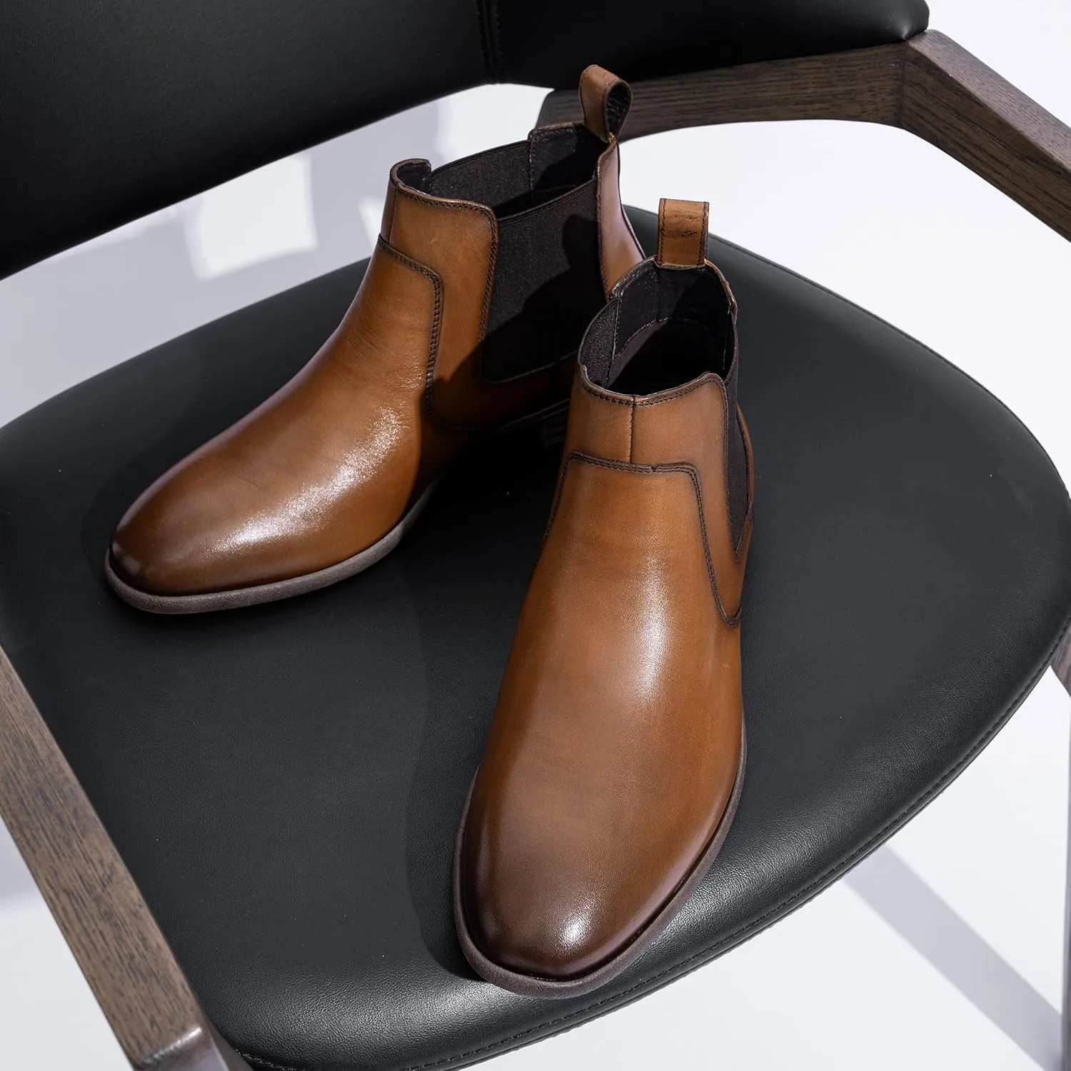 Jousen Men's Chelsea Boots Leather Lightweight Casual Chukka Ankle Boots Classic Elastic Dress Boots for Men