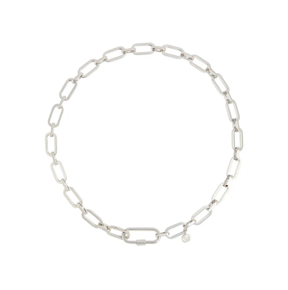 Link Chain Necklace and Small Carabiner Lock Silver Set