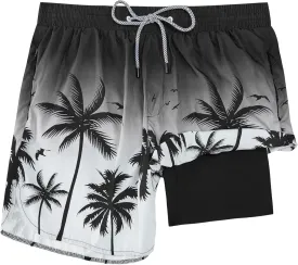 Mens Swim Trunks with Compression Liner 5" Stretch Board Shorts Quick Dry Zipper Pockets 2 in 1 Mens Bathing Suits