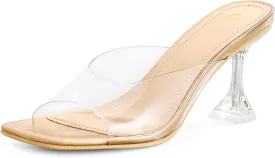 mysoft Women's Clear Heeled Sandals Square Toe Transparent Stiletto Mules Open Toe Slip on Dress Shoes