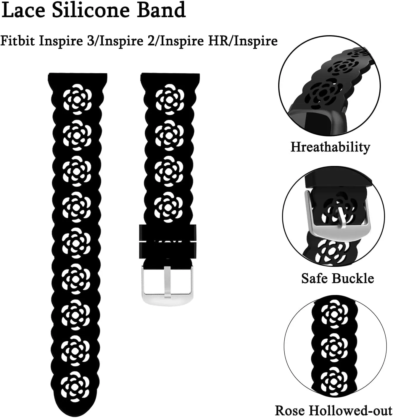 Nigaee 3 Pack Lace Silicone Bands Compatible with Fitbit Inspire 3/Inspire 2/Inspire HR/Inspire,Adjustable Breathable Replacement Straps Soft Slim Silicone Wristbands for Women Men