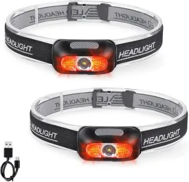 Rechargeable Headlamp 2 Pack, Ultra Bright 500 Lumen Head Lamp 5 Lighting Modes with Red Light, IPX4 Waterproof Adjustable Strap Headlamp Flashlight for Adult Emergency, Running, Camping, Cycling