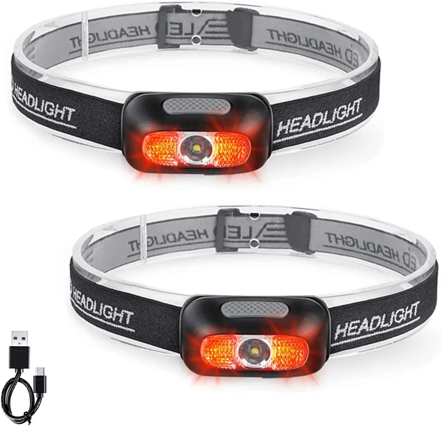 Rechargeable Headlamp 2 Pack, Ultra Bright 500 Lumen Head Lamp 5 Lighting Modes with Red Light, IPX4 Waterproof Adjustable Strap Headlamp Flashlight for Adult Emergency, Running, Camping, Cycling