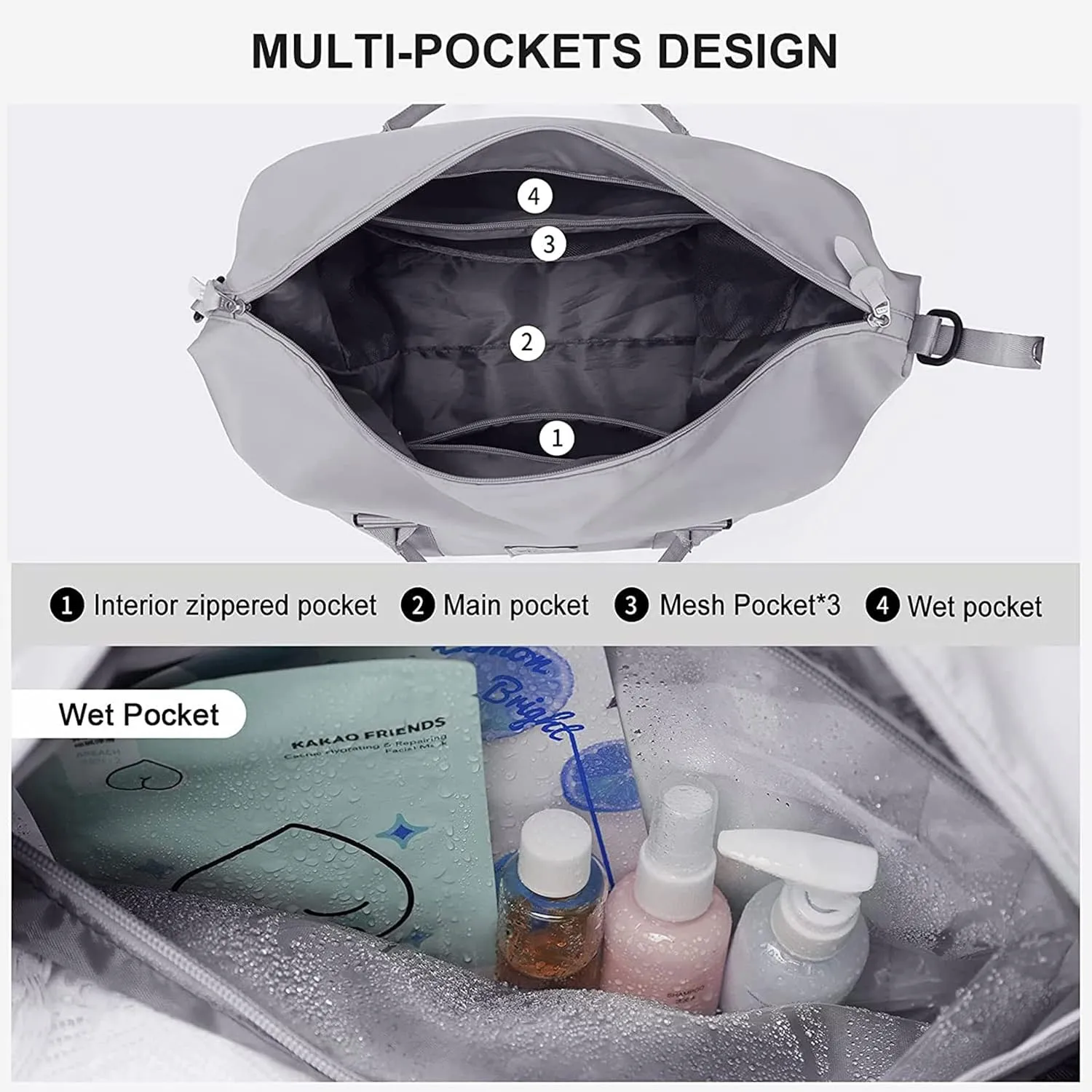 Sport Travel Duffle Bag Large Gym Tote Bag for Women, Weekender Carry on Bag for Airplane, Ladies Beach Overnight Bag Luggage Bag with Wet Pocket Grey