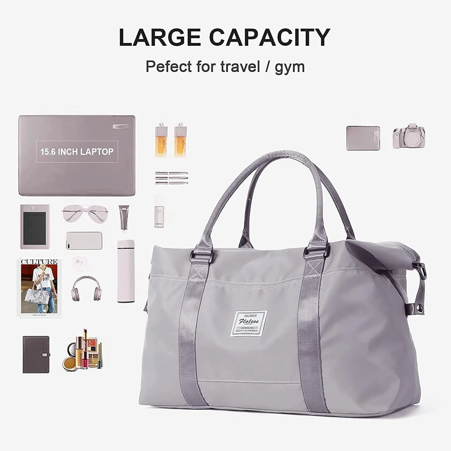 Sport Travel Duffle Bag Large Gym Tote Bag for Women, Weekender Carry on Bag for Airplane, Ladies Beach Overnight Bag Luggage Bag with Wet Pocket Grey