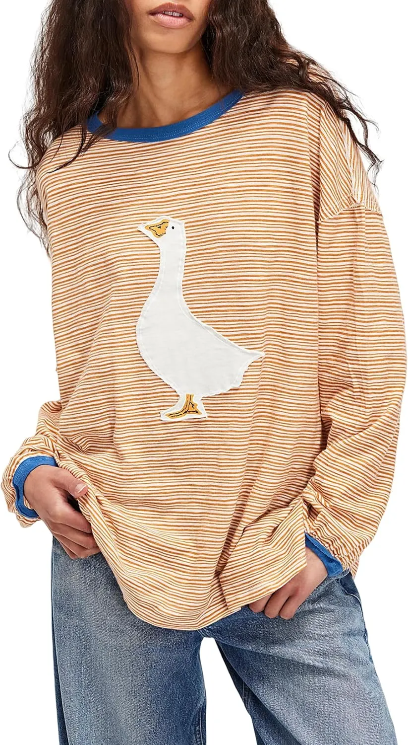 Women's Striped Oversized Sweatshirt Long Sleeve Crewneck Casual Tops Animal pattern Pullover Loose Trendy T Shirts
