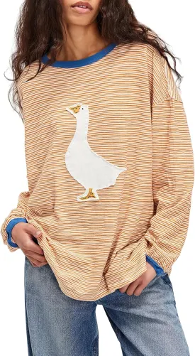 Women's Striped Oversized Sweatshirt Long Sleeve Crewneck Casual Tops Animal pattern Pullover Loose Trendy T Shirts