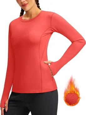 Women's Thermal Fleece Tops Long Sleeve Workout Shirts Running Athletic Base Layer with Thumb Holes Zipper Pocket