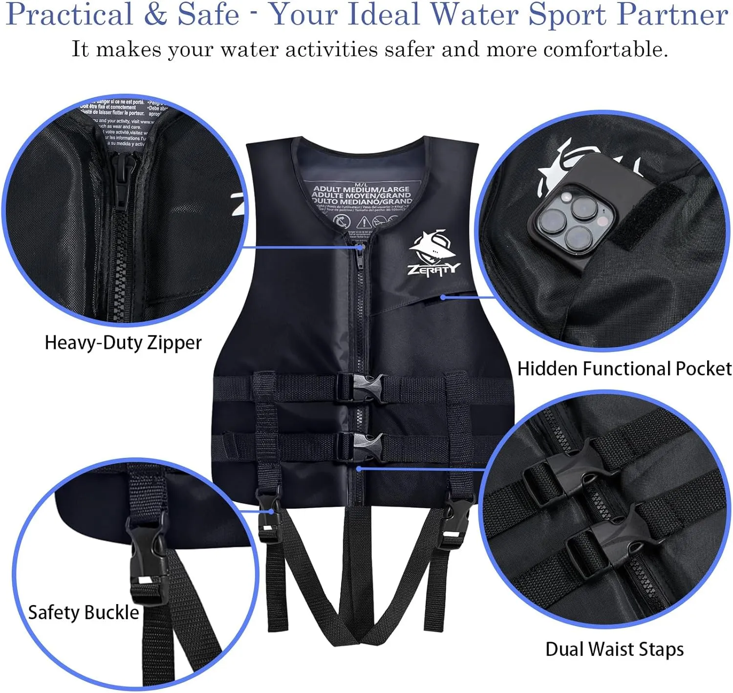Zeraty Swim Vest Water Sport Safety Vest Swim Jackets for Kayaking and Fishing, Adult, Youth and Child Sizes