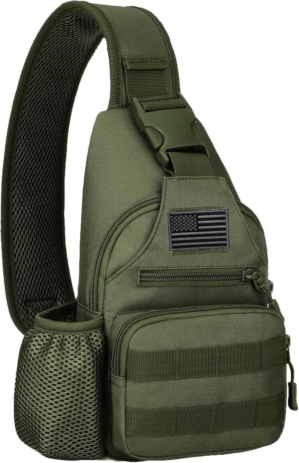 ZHIERNA Tactical Sling Crossbody Backpack with Water Bottle Holder, MOLLE EDC Shoulder Sling Chest Bags with USB Charging Port for Travel Walk(Army Green)