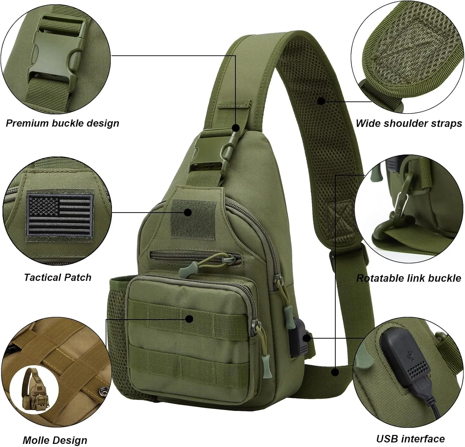 ZHIERNA Tactical Sling Crossbody Backpack with Water Bottle Holder, MOLLE EDC Shoulder Sling Chest Bags with USB Charging Port for Travel Walk(Army Green)