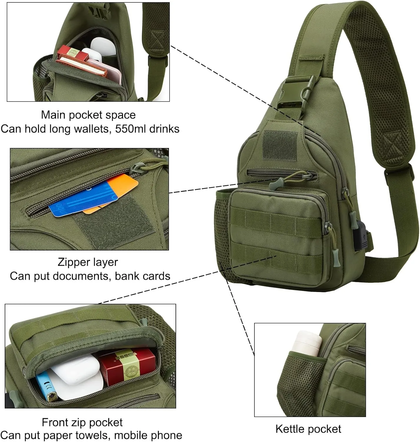 ZHIERNA Tactical Sling Crossbody Backpack with Water Bottle Holder, MOLLE EDC Shoulder Sling Chest Bags with USB Charging Port for Travel Walk(Army Green)