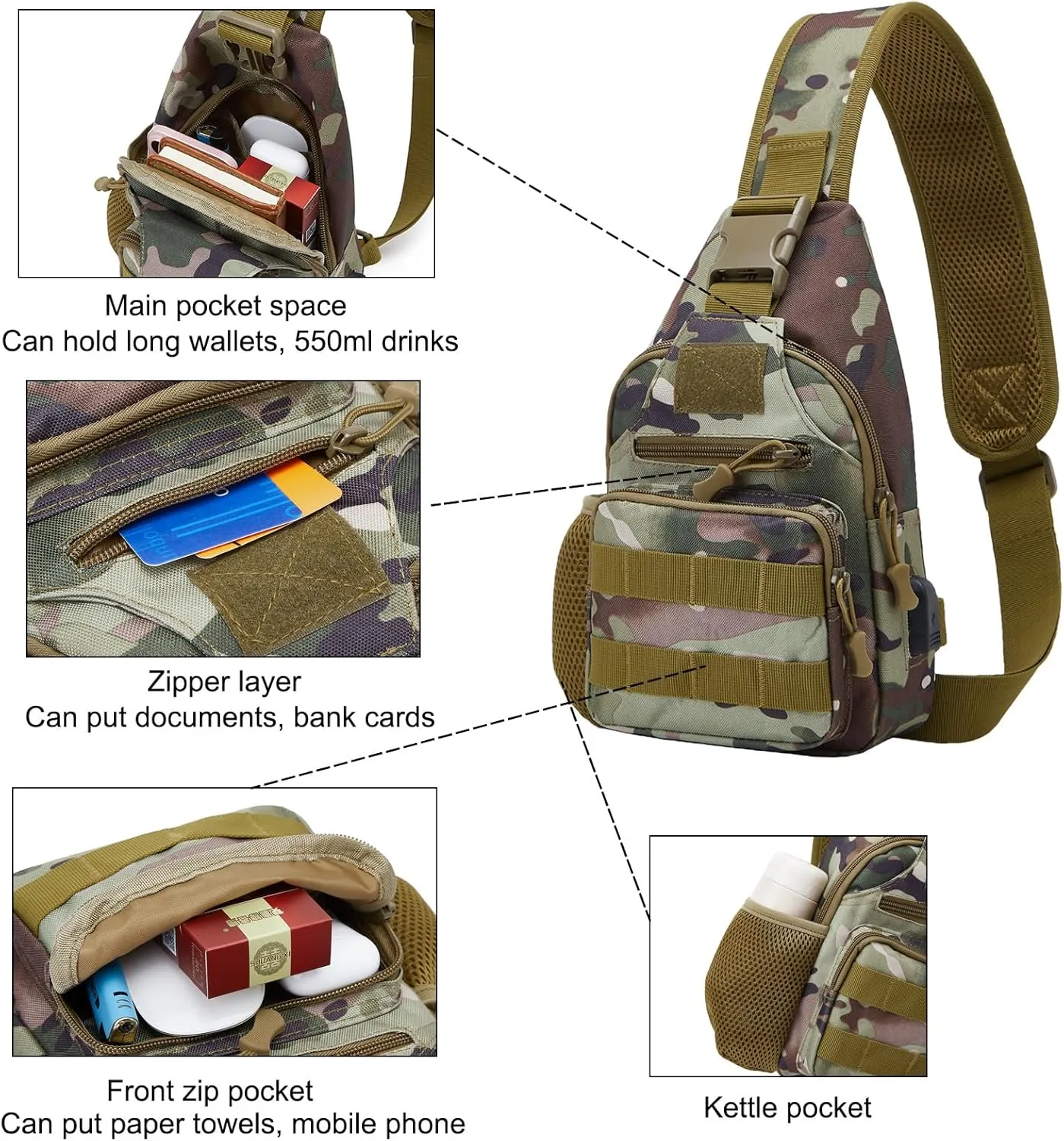 ZHIERNA Tactical Sling Crossbody Backpack with Water Bottle Holder, MOLLE EDC Shoulder Sling Chest Bags with USB Charging Port for Travel Walk(Cp Camouflage)