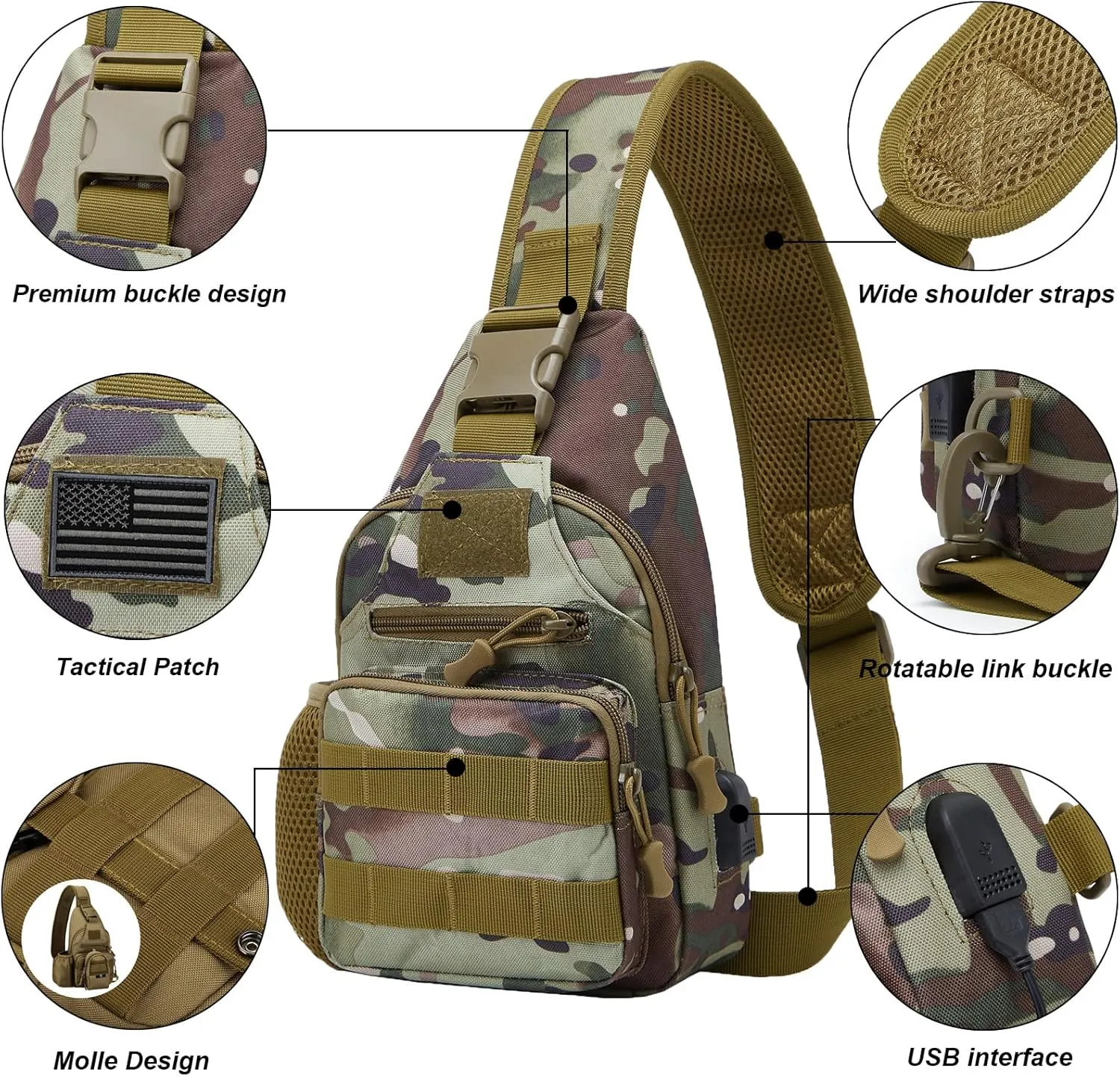 ZHIERNA Tactical Sling Crossbody Backpack with Water Bottle Holder, MOLLE EDC Shoulder Sling Chest Bags with USB Charging Port for Travel Walk(Cp Camouflage)